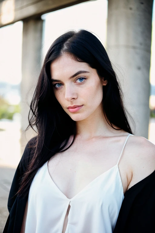 Create a woman with long, messy black hair, very pale skin and blue eyes with a serious and severe appearance