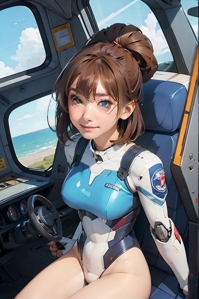8k,Realistic skin texture、Superrealism、Realistic photos、Near future軍所属の日系女性パイロットが大型ロボットの腹部に設置されたコックピットに乗っている、Damaged moss green combat armored robot、Skull mark on armor、Near future、Unit Paint and Identification Number、Peeling paint、oil stains、Detailed Description、Dynamic pose、Armored Core