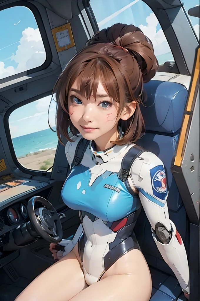 8k,Realistic skin texture、Superrealism、Realistic photos、Near future軍所属の日系女性パイロットが大型ロボットの腹部に設置されたコックピットに乗っている、Damaged moss green combat armored robot、Skull mark on armor、Near future、Unit Paint and Identification Number、Peeling paint、oil stains、Detailed Description、Dynamic pose、Armored Core