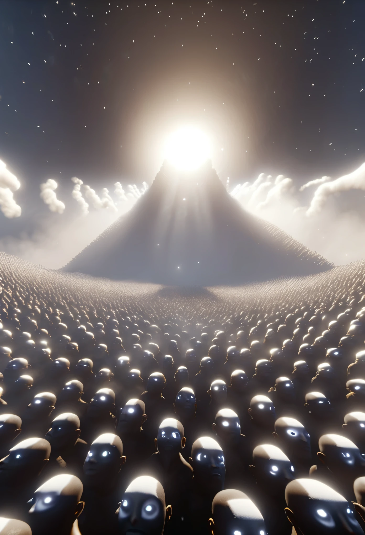 Wide angle shot of a large crowd of black people with glowing white eyes looking up at the viewer, eyes shining white, empty area with ethereal smoke covering the farm, white sun in background shining a light providing a white and light yellow colour grading, 32k, ultra HD, unreal engine rendered,