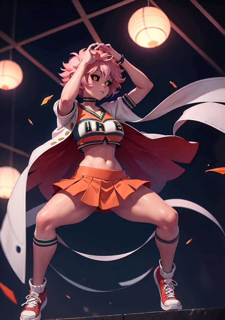 mina ashido, 1girl, solo, looking at viewer, short hair, simple background, yellow eyes, pink hair, horns, colored skin, colored sclera, black sclera, pink skin, U.A. CheerUniform, orange skirt, (bare belly), perfect shading, bare shoulders, big breasts