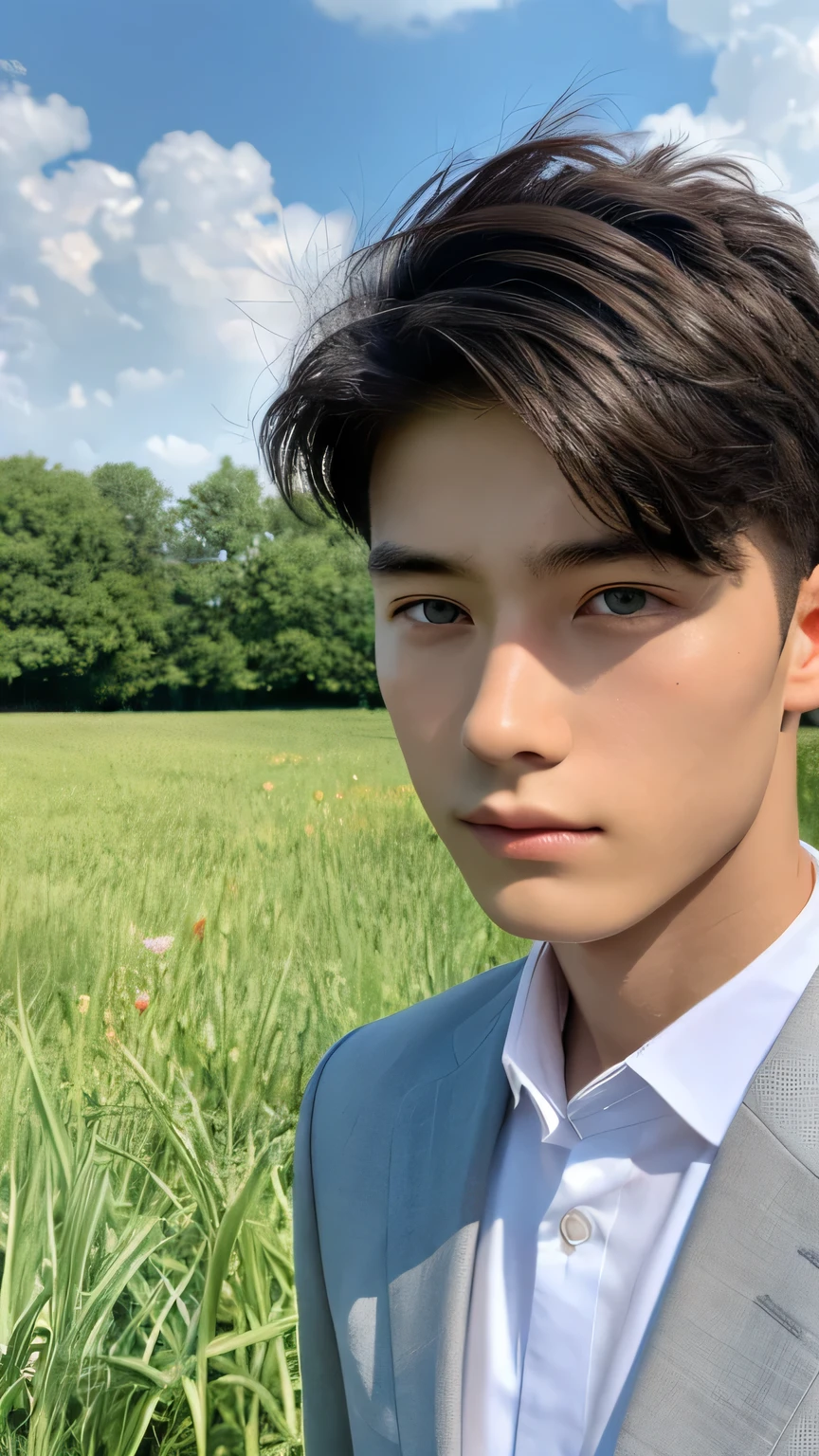 Highest quality, masterpiece, Ultra-high resolution, (Realistic: 1.4), Original photo, wallpaper, Head Photo, skin, Simple Background, Iris, detailed, Selfie, 1 boy, 18-year-old, good looking, Wind,suit、grassland