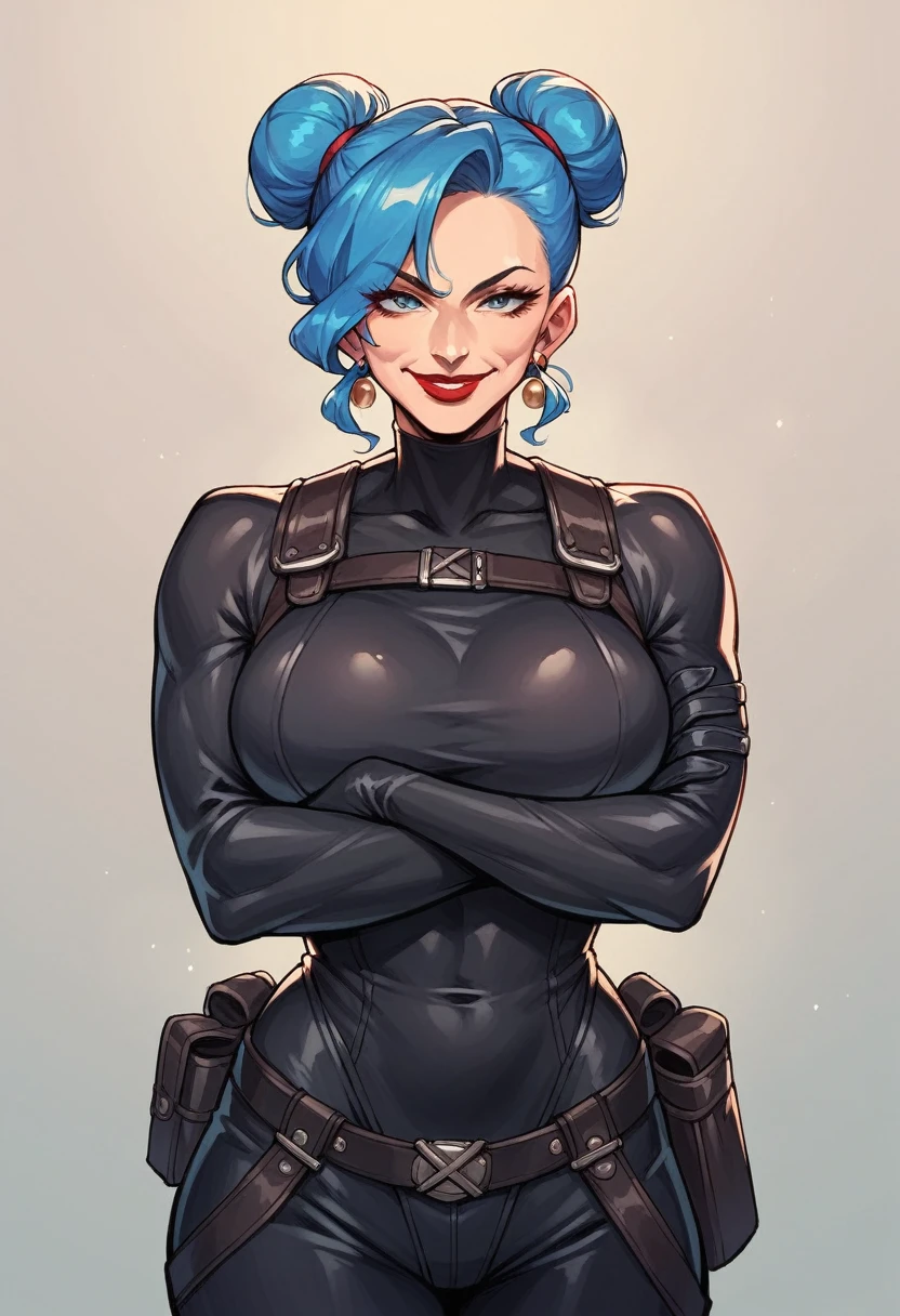beautyfull woman, blue buns hair, blue hair, black catsuit, holsters, adult, milf, crossed hands, smile, red lipstick