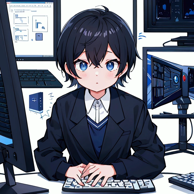 Black short hair boy、The clothes are navy blue、((Touching a computer))