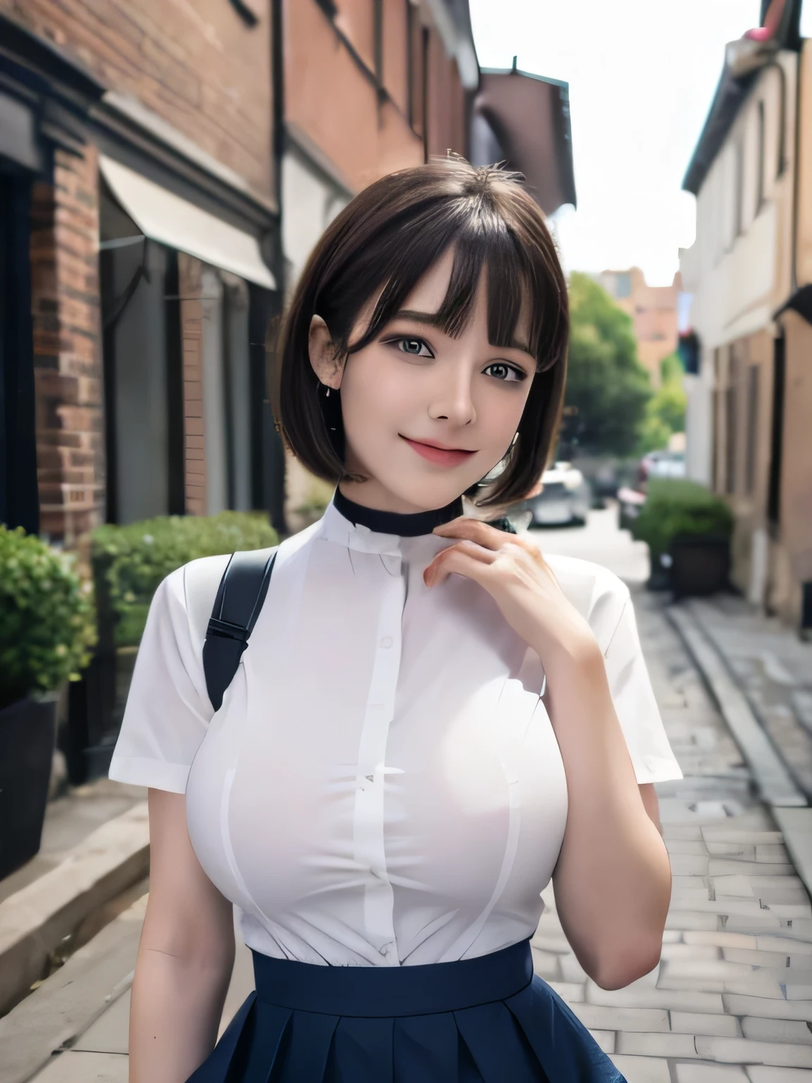 Highest quality、masterpiece、Group photo、((Layered Haircut)),(8k,Highest quality),Full Body Shot,Shot from medium distances,Academy ,student,Open-collar shirt、Wear a JK skirt,Full body photo、 Adorable, smile, length, Brown Hair, 32K, masterpiece, Best image quality,Ultra-high resolution,Perfect hands,Black choker、blue eyes、bangs、Very lush and long eyelashes、uniform, Summer clothes、((Big Breasts)), ribbon、Brick buildings, gaslight、Cobblestones, middle ages