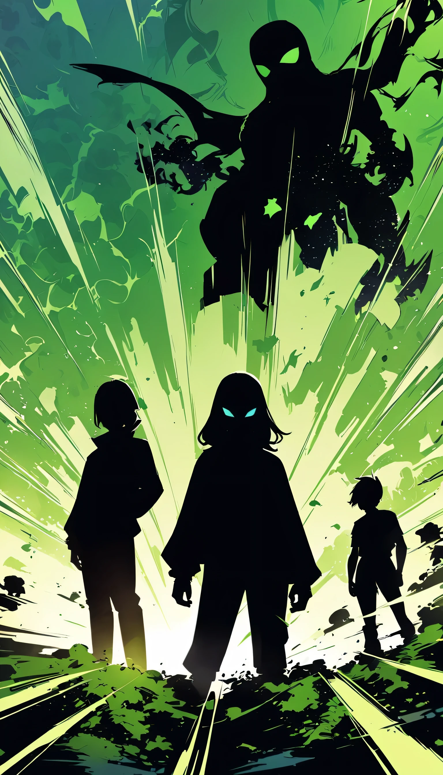 Masked、 silhouette、Marvel Comics、American comic book style、Overall green atmosphere、Cartoon-style drawing
