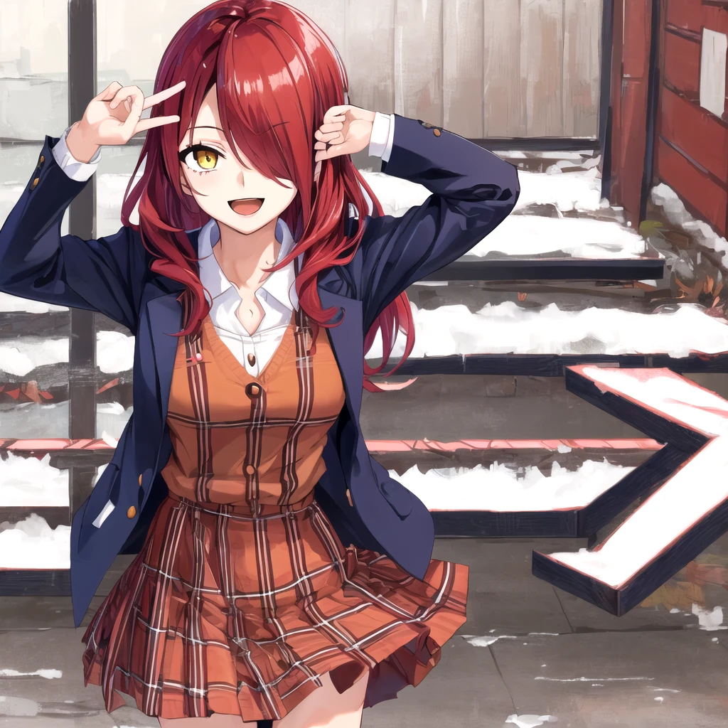 Padoru_Meme, open mouth, ((masterpiece,best quality)), absurdres, Kobayashi_Rindou_Shokugeki, 1girl, solo, red hair, long hair, hair over one eye, yellow eyes, jacket, plaid, solo, smiling, looking at viewer, cowboy shot