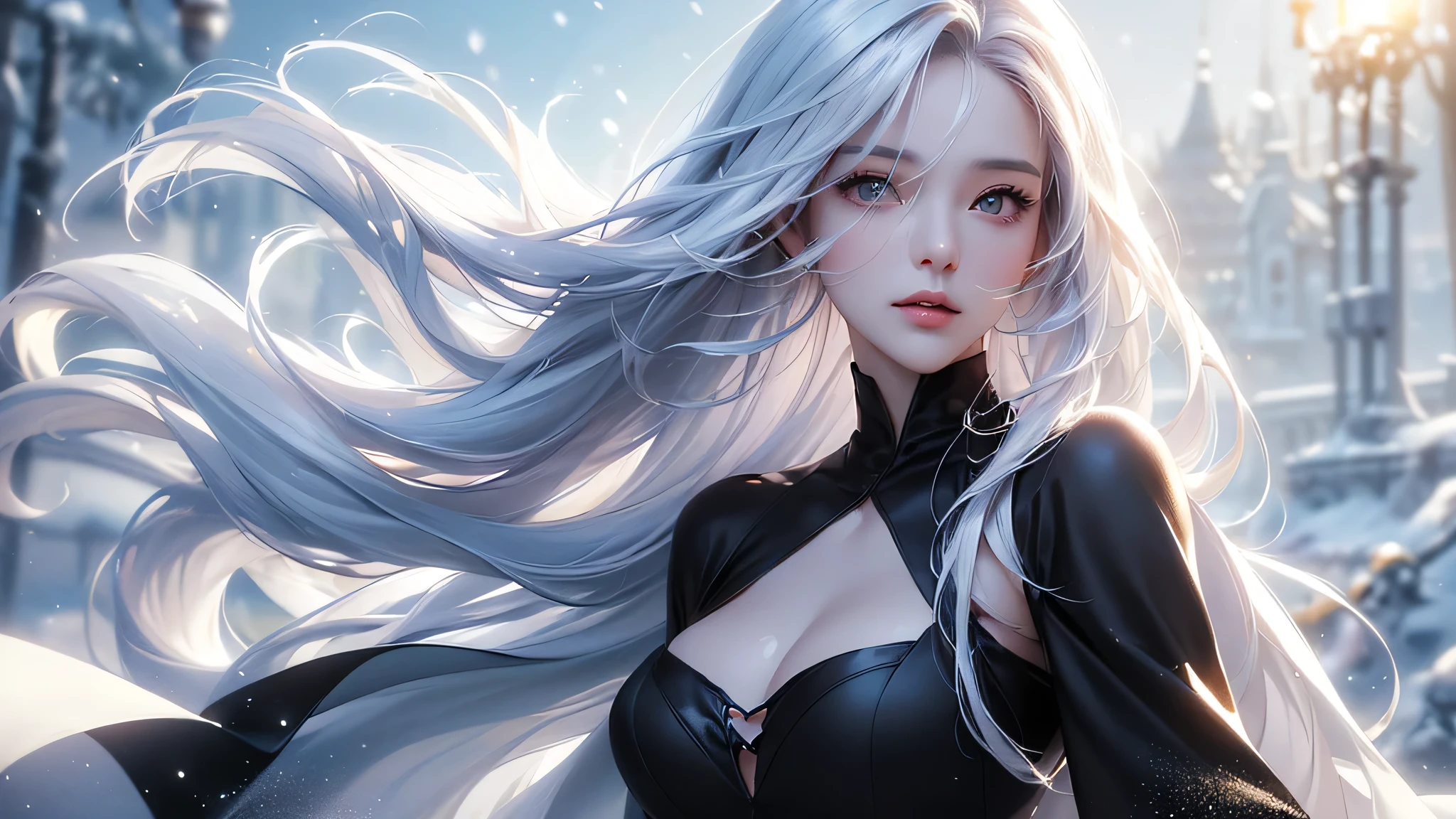 ((Picture from the waist up))((masterpiece:1.5、8k、Tabletop、Photorealistic and very detailed CG、Very detailed、Particle Effects、Dynamic Effects、Shallow depth of field、Cinematic Light、Lens flare、Ray Tracing、Tabletop、Realistic:1.4、Ultra-high resolution:1.2、Realistic、Realistic))((alone、,A woman wearing a black cashmere coat over a halter neck dress:1.4、Elegant woman posing、Detailed face、brightexpression、young, bright, Whiter skin、Medium chest、Beautiful cleavage、Best Looks、ASİAN、Ultimate beauty、bright and shiny hair,、Super long, Silky straight hair、Hair dancing in the wind))(morning、The setting is outdoors in the snow、Crystal of snow)((shiny white hair))