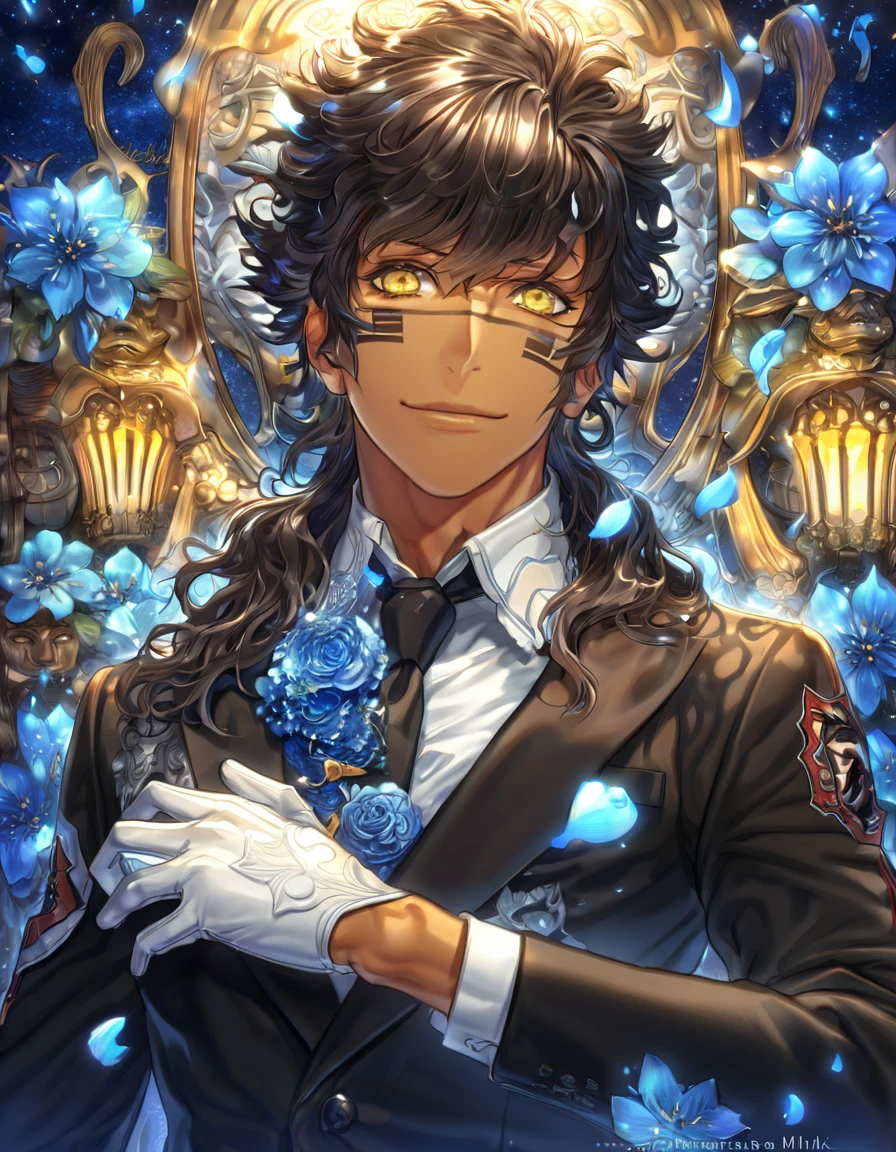 absurdres, highres, ultra detailed, HDR, master piece, Tiki Mikk, dark hair, wavy hair, expressive yellow eyes, black jacket, white shirt, black necktie, tanned skin, white gloves, D.Gray-Man, sexy man, handsome, best quality, blue flowers, fantasy, solo, blue shining fireflies, blue petals, sensual, handsome smile, starry sky, shining, blue blossoms