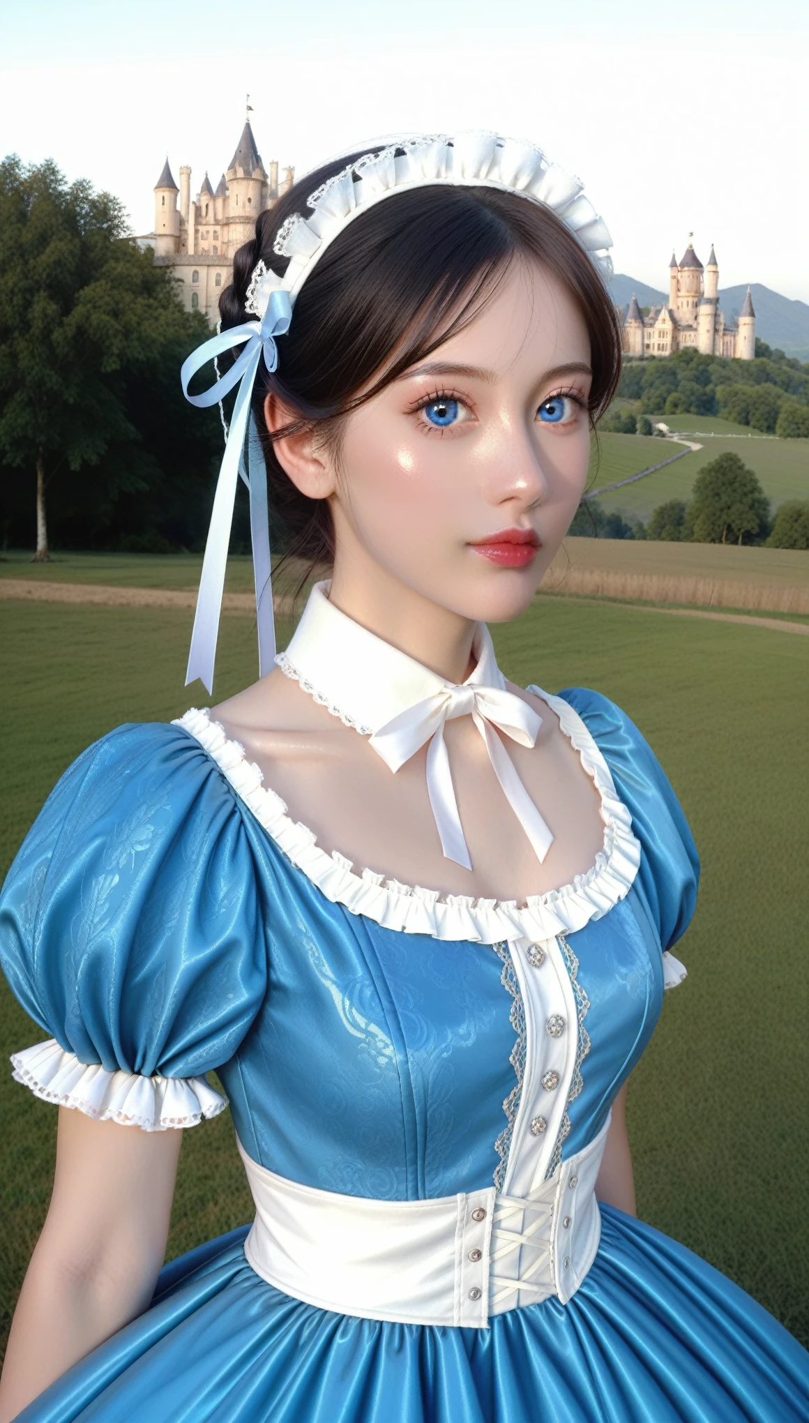 ((Photography, RAW quality)), (High quality PHOTO of a pretty girl, perfect face, blue eyes, sharp, perfect, well-defined pupil, black hair, long straight, (classic blue Victorian dress, luxurious, lace, tulle, ribbons, shiny jollas, intricate, cinched at the waist), with a castle background with round towers and flags in the mountains