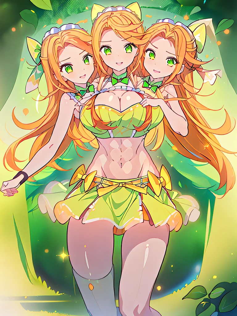 (masterpiece, best quality), best resolution, (3heads:1.5), 1girl, orange hair, long flowing hair, smiling, soft smile, open belly, light-yellow-green crop top, green-orange miniskirt, open breasts, huge tits, sexy pose, bowtie on head,