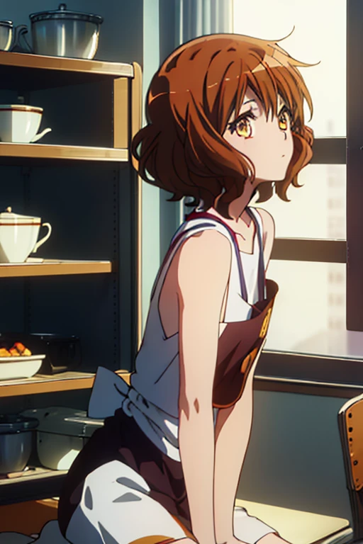 kumiko oumae (amber eyes:1.7), short brown hair, (flat chest:1.2), leaning forward BREAK collarbone, very short apron, bare arms, bare shoulders, bare legs, teenager BREAK looking at viewer, BREAK indoors, BREAK (masterpiece:1.2), best quality, high resolution, unity 8k wallpaper, (illustration:0.8), (beautiful detailed eyes:1.6), extremely detailed face, perfect lighting, extremely detailed CG, (perfect hands, perfect anatomy), ((semi-profile))