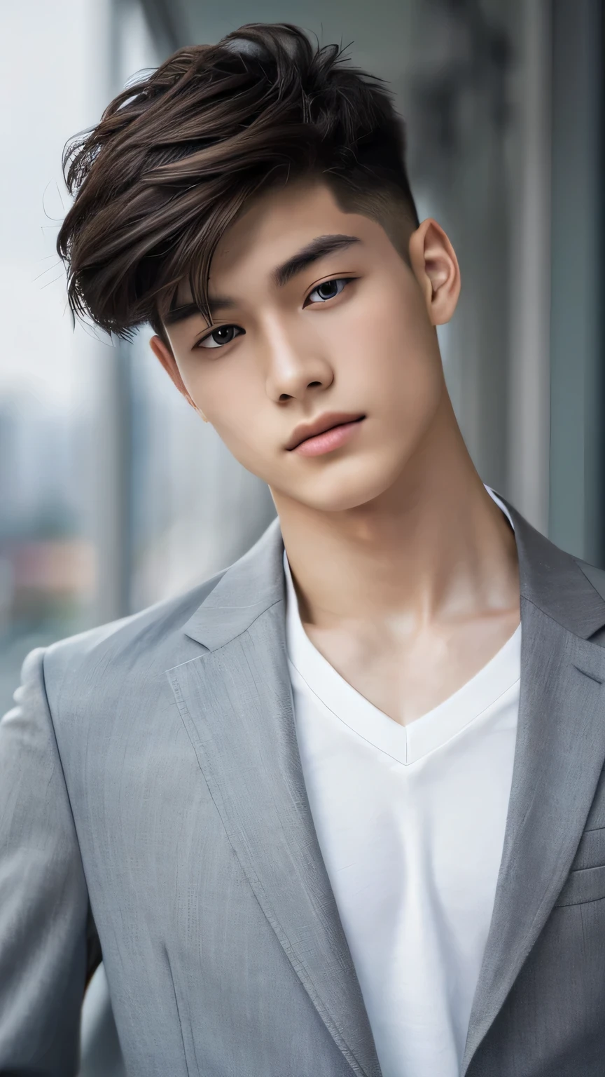 Highest quality, masterpiece, Ultra-high resolution, (Realistic: 1.4), Original photo, wallpaper, Head Photo, skin, Simple Background, Iris, detailed, Selfie, 1 boy, 18-year-old, good looking, Wind,Grey suit