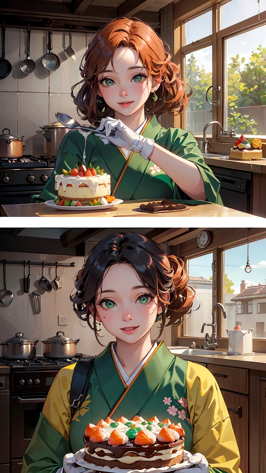 (Highest quality,4K,8k,High resolution,Tabletop:1.2),Very detailed,(Realistic,Realistic,Photorealistic:1.37),1 Pretty Lady,Cute Face,Beautiful big green eyes,Updated hairstyles in beautiful orange color,Beautiful kimono,Bake a cake,Heat-resistant cooking gloves,Holding a griddle with several freshly baked cakes on it,Beautiful Kitchen,Happy laughter,