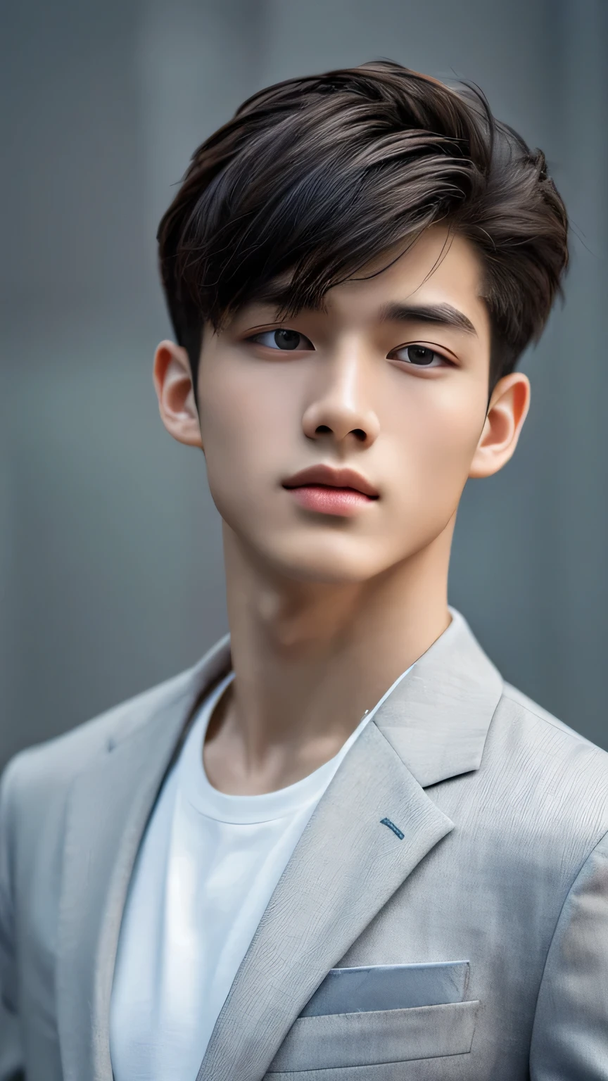 Highest quality, masterpiece, Ultra-high resolution, (Realistic: 1.4), Original photo, wallpaper, Head Photo, skin, Simple Background, Iris, detailed, Selfie, 1 boy, 18-year-old, good looking, Wind,Grey suit