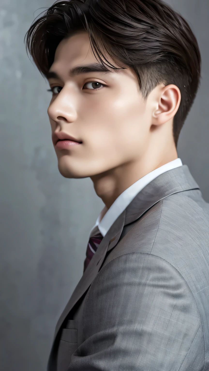 Highest quality, masterpiece, Ultra-high resolution, (Realistic: 1.4), Original photo, wallpaper, Head Photo, skin, Simple Background, Iris, detailed, Selfie, 1 boy, 18-year-old, good looking, Wind,Grey suit