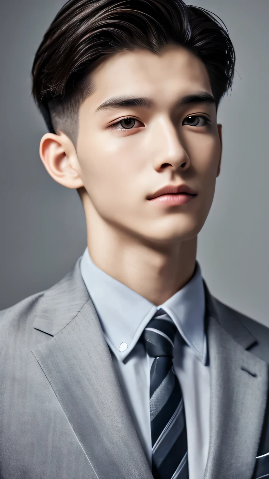 Highest quality, masterpiece, Ultra-high resolution, (Realistic: 1.4), Original photo, wallpaper, Head Photo, skin, Simple Background, Iris, detailed, Selfie, 1 boy, 18-year-old, good looking, Wind,Grey suit