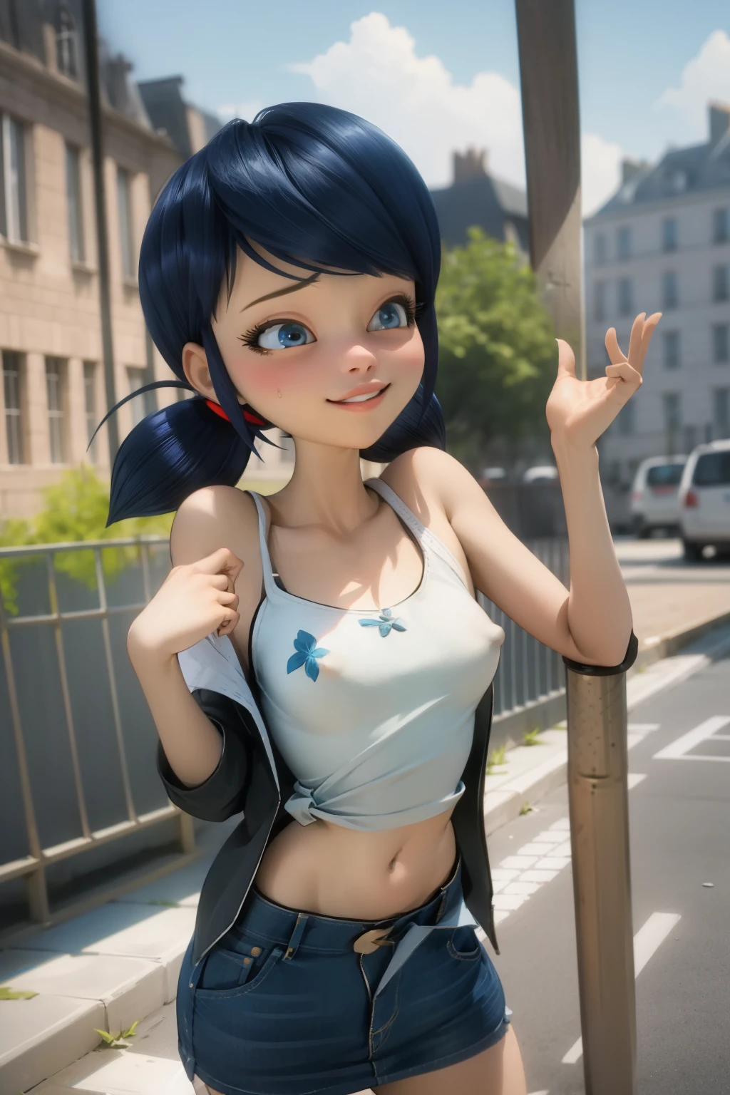 (8k, RAW photo, best quality, masterpiece:1.2), (intricate details), perfect eyes, perfect face, perfect lighting, beautiful, (masterpiece:1.2), (best quality:1.2), 1girl( marinette, blue hair, ponytails, blue eyes, half-closed eyes),a come-hither face, wicked smile, parted lips, solo, blue jacket, undress, bare shoulders, white tank_top, covered nipples, cleavage, navel, denim skirt, ultra mini skirt, outdoor, standing, hands up, sexy waist teasing, a provocative pose