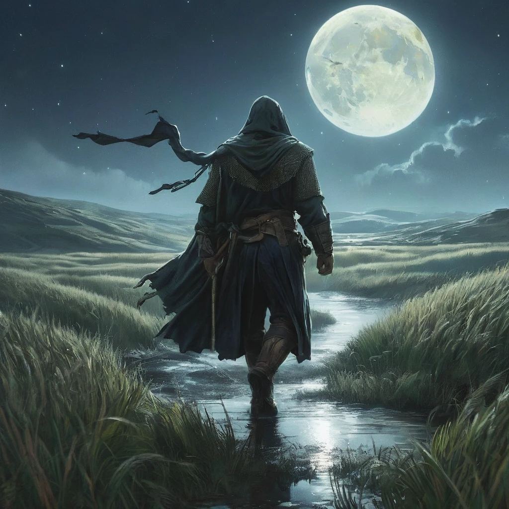 Create an image of a man walking through a vast grassfield under the cover of night. The field, bathed in the soft, silvery light of a full moon, stretches endlessly into the darkness, with the golden stalks of wheat swaying gently in the breeze. The sky above is a deep, star-studded expanse, adding a touch of ethereal beauty to the scene.
The man is dressed in a detailed medieval outfit, consisting of a dark, weathered tunic, leather armor, and sturdy boots. His cloak billows lightly with each step, catching the moonlight and adding a sense of movement and drama. In one hand, he carries a bottle of beer, its glass catching glimmers of moonlight. He holds the bottle casually, as though savoring a moment of solitude or contemplation.
His expression is thoughtful, with a hint of weariness or introspection, as he walks through the field. The contrast between the medieval attire and the serene, natural setting evokes a sense of timelessness and escape from the complexities of his world.
This image captures a peaceful yet poignant moment of solitude in a dark medieval fantasy setting, highlighting themes of escape, reflection, and the simple pleasures found in nature.