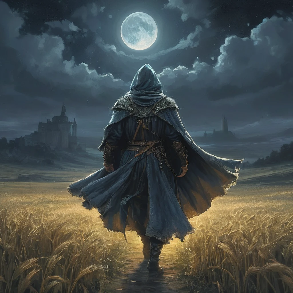Create an image of a man walking through a vast grassfield under the cover of night. The field, bathed in the soft, silvery light of a full moon, stretches endlessly into the darkness, with the golden stalks of wheat swaying gently in the breeze. The sky above is a deep, star-studded expanse, adding a touch of ethereal beauty to the scene.
The man is dressed in a detailed medieval outfit, consisting of a dark, weathered tunic, leather armor, and sturdy boots. His cloak billows lightly with each step, catching the moonlight and adding a sense of movement and drama. In one hand, he carries a bottle of beer, its glass catching glimmers of moonlight. He holds the bottle casually, as though savoring a moment of solitude or contemplation.
His expression is thoughtful, with a hint of weariness or introspection, as he walks through the field. The contrast between the medieval attire and the serene, natural setting evokes a sense of timelessness and escape from the complexities of his world.
This image captures a peaceful yet poignant moment of solitude in a dark medieval fantasy setting, highlighting themes of escape, reflection, and the simple pleasures found in nature.