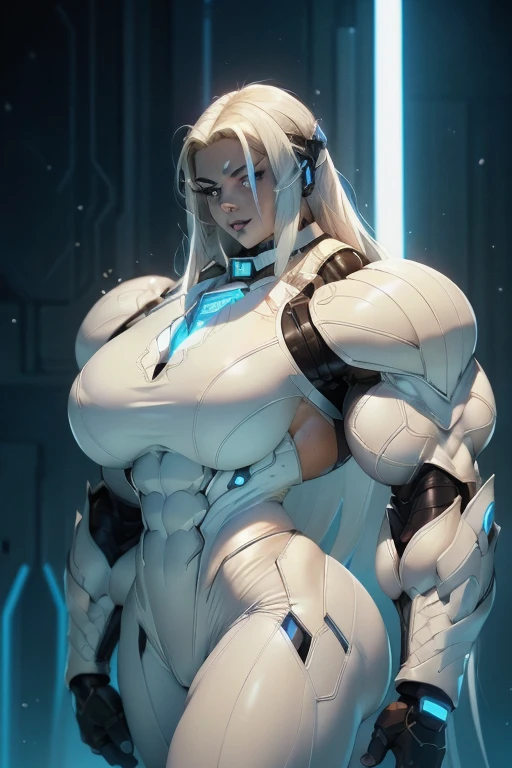 ((Close-up)), tall, (White hair) beautiful muscular woman, long straight hair, light brown skinned, closed smile, (black lipstick), (massive muscles), (hyper muscle), (ginormous bulky muscles), glowing blue eyes, ((full white cybernetic suit of armor)), (cybernetic pants), choker, boots, in a neon city,