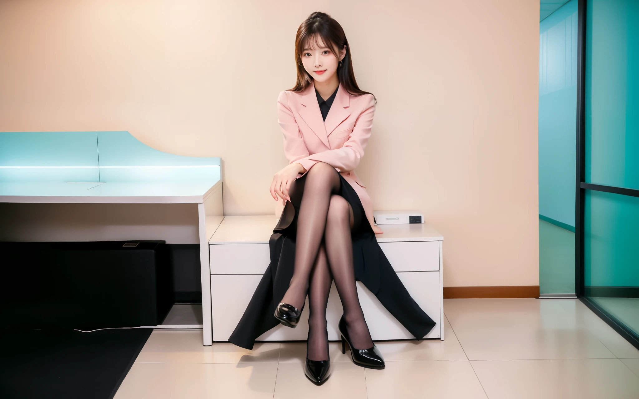 best quality, Full body portrait, Delicate face, Pretty Face, Slim body, office,Lady，office服装, black, Pink long hair，cute，stand up，black高跟鞋