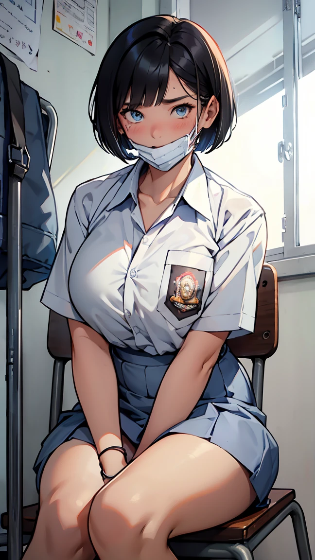 Best quality, 1 woman, 17 years old, (short bob haircut, black hair), scared face expression, plump body, blue eyes, Indonesian high-school uniform, (wearing transparent white shirt), osis logo on shirt pocket, huge XL breasts, light-grey pleated skirt, sitting down, seductive pose, full body shot, shy face, blush, looking_at_viewer, in the classroom, (wear a mask, surgical mask fit his face, mask_pull)