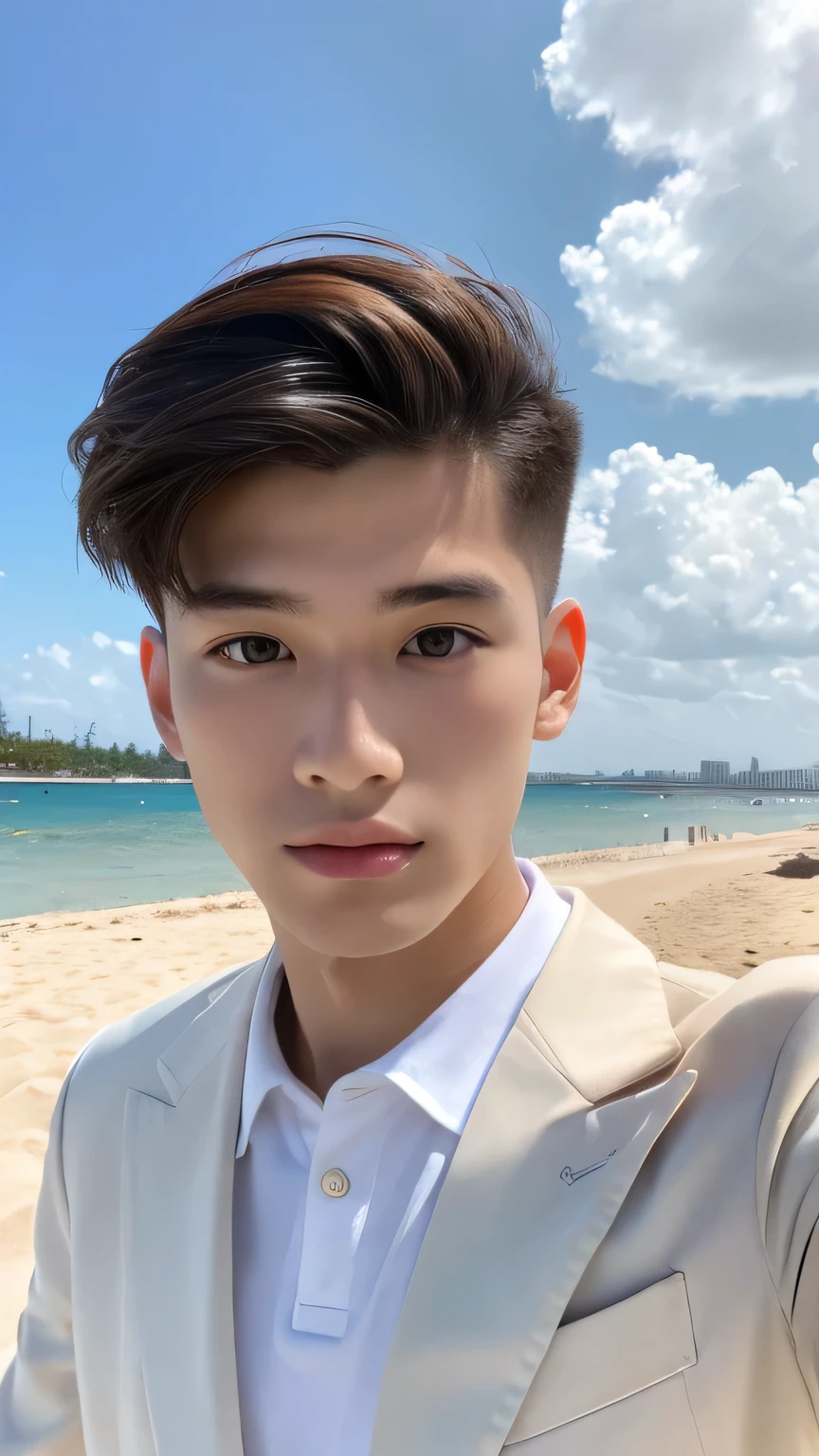 Highest quality, masterpiece, Ultra-high resolution, (Realistic: 1.4), Original photo, wallpaper, Head Photo, skin, Simple Background, Iris, detailed, Selfie, 1 boy, 18-year-old, good looking, Wind,White suit、Sandy Beach