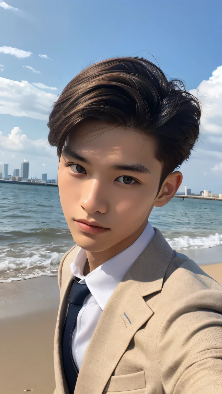 Highest quality, masterpiece, Ultra-high resolution, (Realistic: 1.4), Original photo, wallpaper, Head Photo, skin, Simple Background, Iris, detailed, Selfie, 1 boy, 18-year-old, good looking, Wind,suit、Sandy Beach