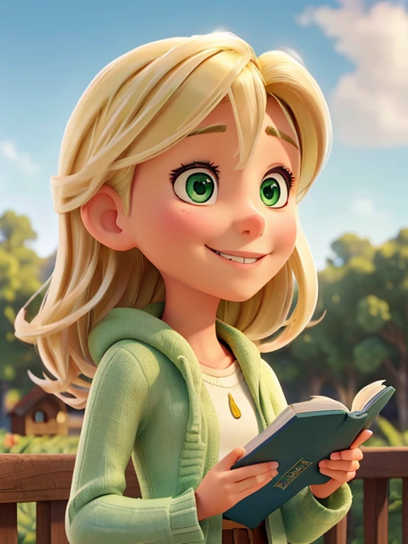 A blonde woman with green eyes, smiling and looking at the sky with his book in his hands 
