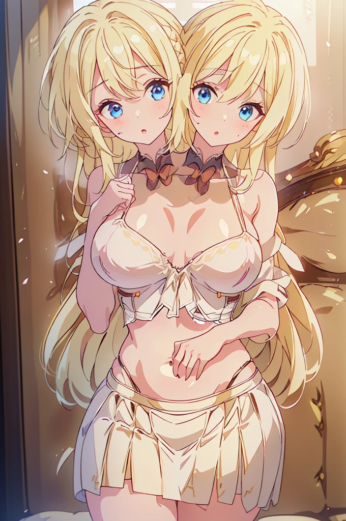 (masterpiece, best quality),best quality, best resolution, (ultra-detailed), (3heads:1.5), 1girl, (lily white:1.3), masterpiece, best quality, ultra quality, ultra resolution, ultra detail, white top, crop top, ((stomach)), midriff, ((groin)), white skirt, normal ears, shackles, yellow hair, very long hair, wavy hair, sidelocks, blue eyes, very detailed eyes, very beautiful eyes, parted lips, sweat, cute, open belly, toned belly, hand on own chest, eyelashes, (23 year old woman:1.3), (masterpiece:1.5), (best quality:1.5), (beautiful detailed), extremely detailed CG, extremely delicate and beautiful, depth of field, (finely detailed face), (perfect details:1.2), (mature female:1.3), wide pelvis, slender, large veiny breast, 16k resolution, highres, high quality, high definition, extremely detailed, masterpiece, yellow hair, long hair, alluring presence, braid, short skirt, close up, very big tits, huge tits, young, exposed midriff,
