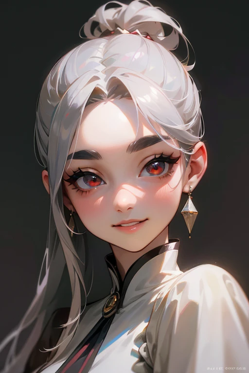 (Highest quality, masterpiece:1.2), High resolution, Very detailed, Realistic:1.37, Fantasy, An illustration,Gray Hair、 赤い目 Queen, White Dress.Platinum decoration、beautifully、Eyeshadow Red、Thick eyebrows、Long eyelashes、pupils are black、shiny on the lips、Top site、Queen、Princess、ponytail、A kind smile、Show your teeth a little and smile、Soft look、