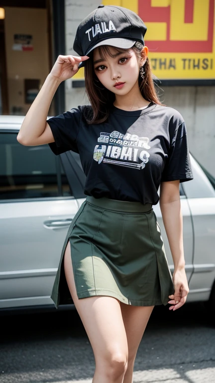 solo , 1girl , Thai girl , shirt hiphop styes , big breast , skirt hiphop styes
