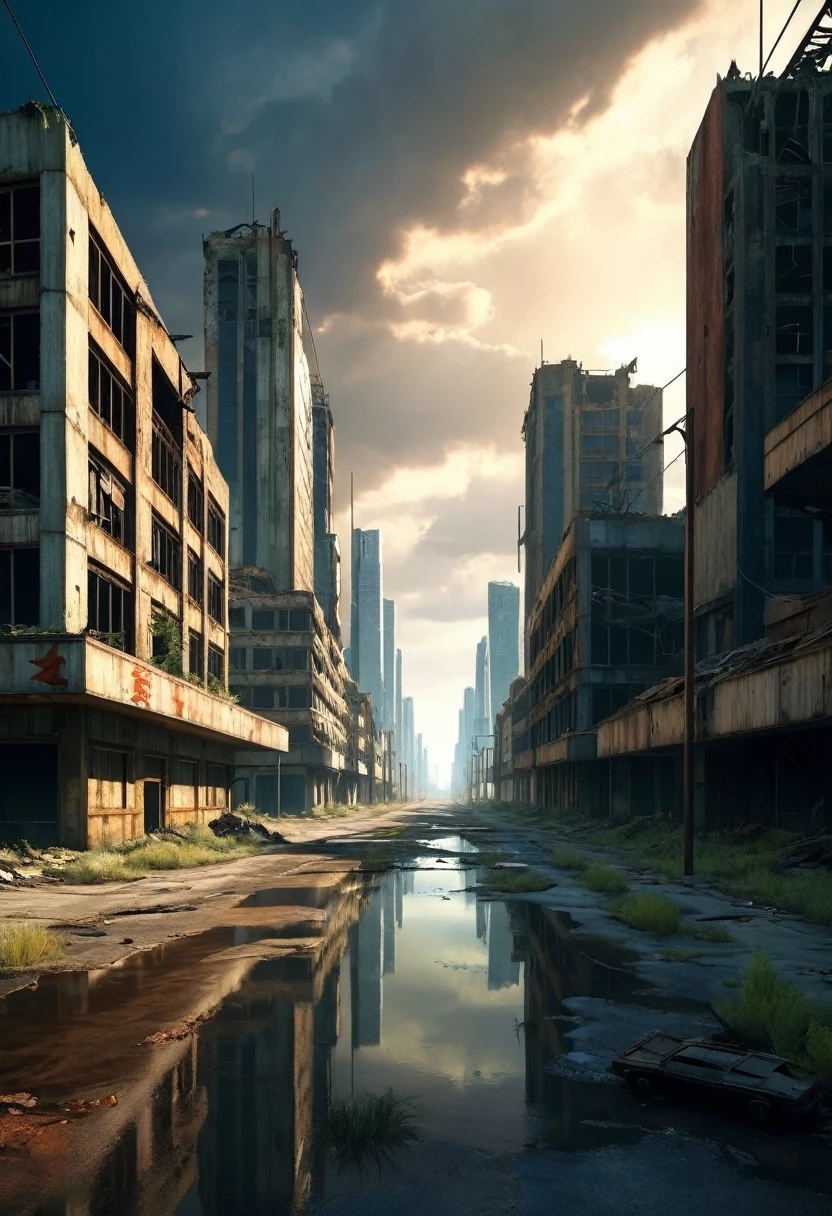 abandoned modern city，Long empty streets，Post-apocalyptic Fallout World