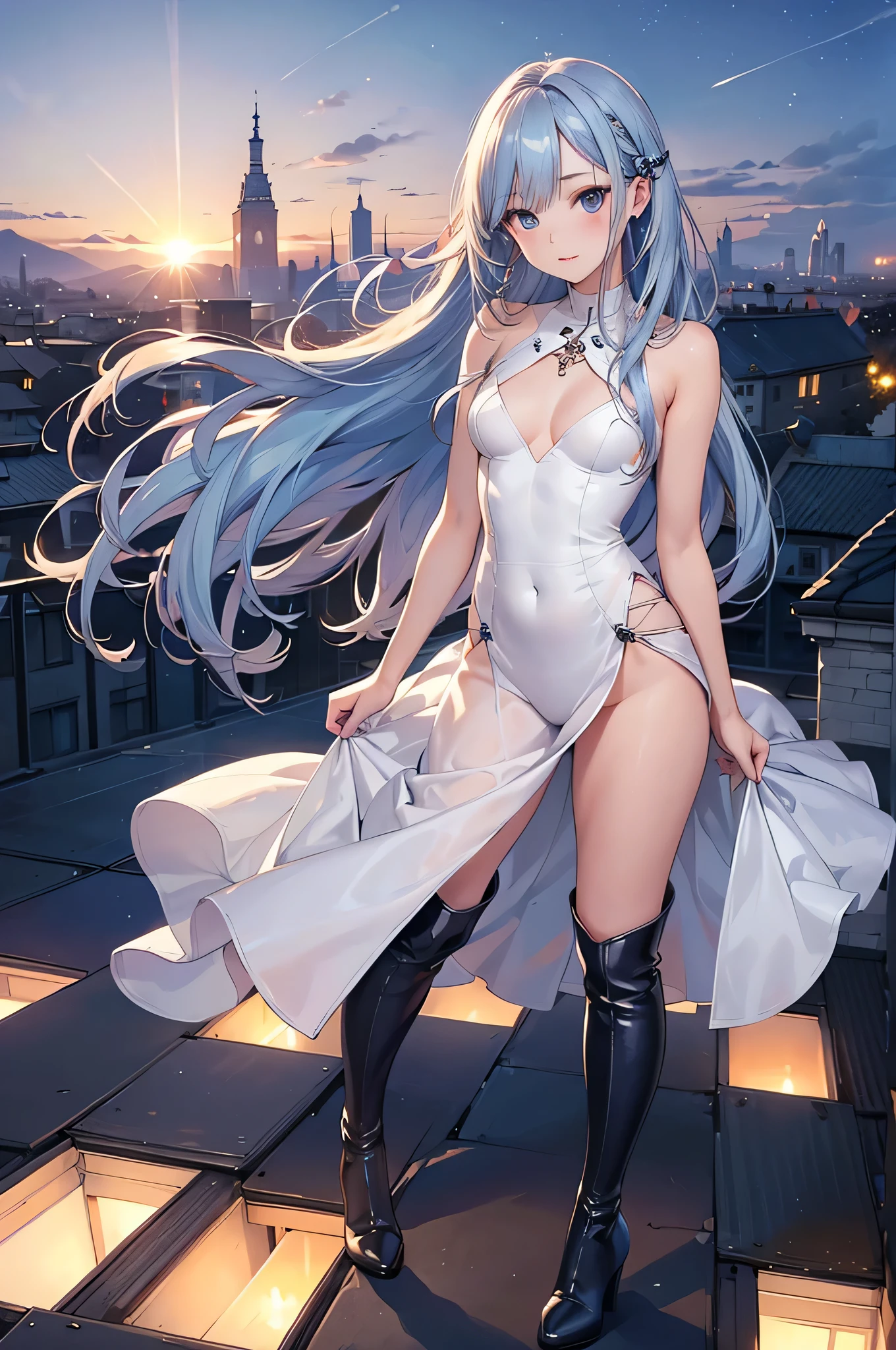 ((Biologically correct limb count)),(( From head to toe,Full-body photo including face)),4K,((Standing position)),masterpiece,((Focus on the face)),((Symmetrical facial features)),Eyes with detailed description,Beautiful woman,Great style,Beautiful arms,Beautiful legs,Beautiful Hands,(Small ,Thin thighs),Detailed depiction of the face,Small earrings,necklace,(Tight Dress((High heel long boots))),((evening,Looking out at the city from the school rooftop)),(((blue blonde))),Realistic photo,