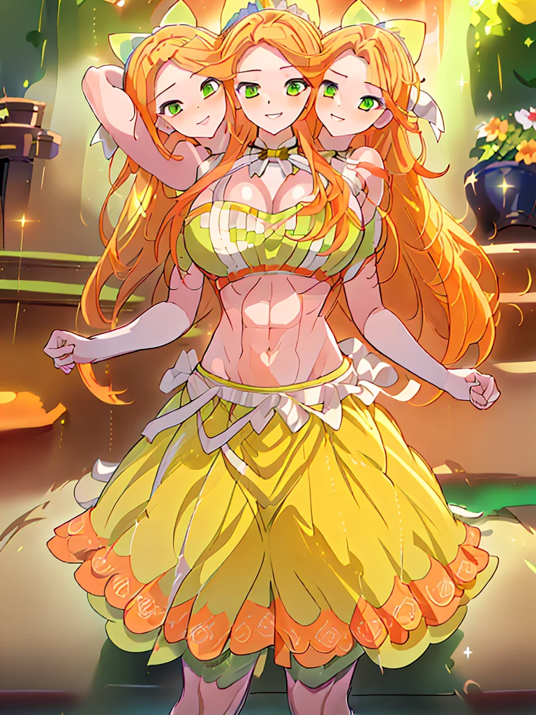(masterpiece, best quality), best resolution, (3heads:1.5), 1girl, orange hair, long flowing hair, smiling, soft smile, open belly, light-yellow-green crop top, green-orange miniskirt, open breasts, huge tits, sexy pose, bowtie on head,