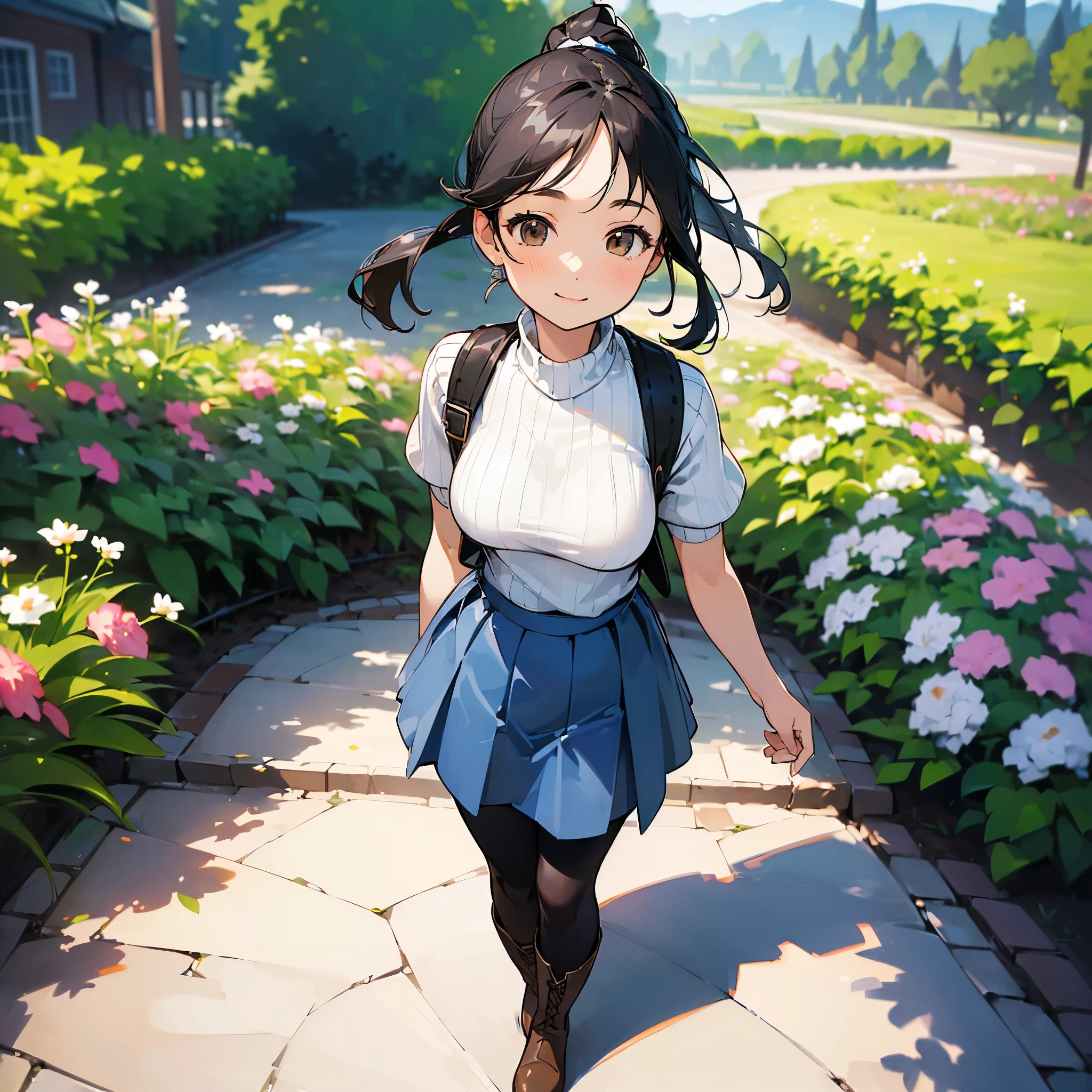 (high quality, High resolution, Very detailed, reality:1.37), Peaceful atmosphere, (Outdoor, garden), Teenage girl standing alone, (my breasts are big.), Beautiful details, Cute Smile, (Black hair ponytail), Short sleeve ribbed sweater, Blue Skirt, Black tights, Brown boots.