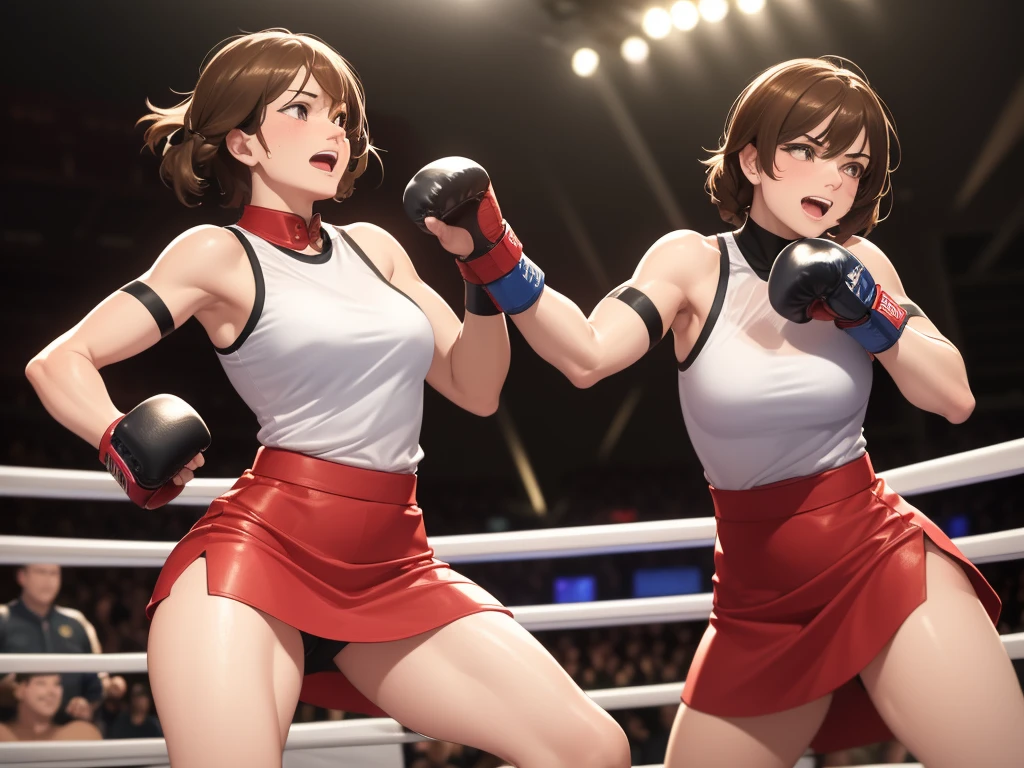 1 woman 1 man, beautiful female fighter vs male opponent, female fighter superiority, office lady, tight skirt, light brown hair, boxing globe, punch attack to male opponent, sweat, smirk, open mouth, POV, at wrestling ring, spotlight