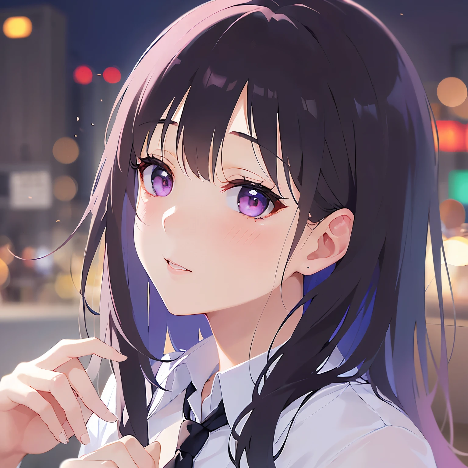 (looking at viewer:1.5),Looking up、(Hands are put together in front of the chest:1.5)、
Realistic, real person, (pale skin: 1.2), RAW photo, photorealistic, shiny skin, shiny hair、
(A 25-year-old woman with straight hair and bangs) and (medium hair) and (black hair) and (purple eyes) ,
(Wearing a business suit) and (Wearing a white collared shirt)、
Cleavage、blush,(tearful:1.2),The background is the city at night,(Night Sky:1.5)