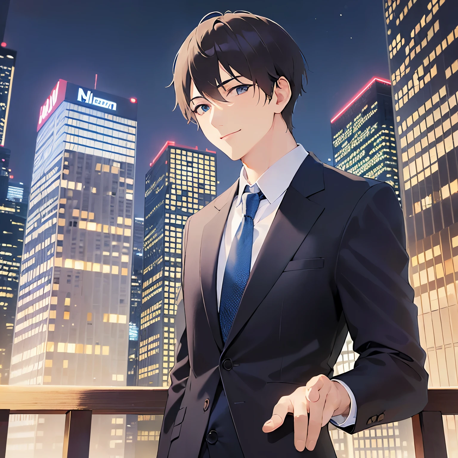 masterpiece、Highest quality、Side shot、I'm holding out my hand to you、
(25-year-old male:1.5) and(Black short hair) and (blue eyes), 
(suit:1.5) and (Blue tie）(suit:1.5) and (Blue tie）、
smile,The background is the city at night、（Night Sky：1.5）