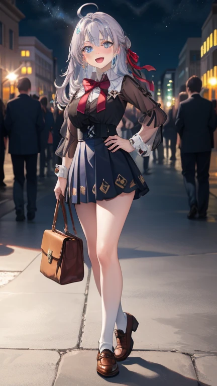 Alisa Kujou,
(night:1.7), 1 girl standing at attention, 22 years,young female,beautiful Finger, beautiful long legs ,beautiful body ,beautiful Nose ,beautiful character design, Perfect eyes, perfect face,
There is an anime girl., 1 girl, thighs, Alone, (very short skirt:1.4), Blue eyes, old, black dress ,elegant , long socks (short dress) , neckline, bow, hand on hip, blush, black thighs, bowtie, inside, brown shoes, The Great Passage, moccasins, Shoes, large old, looking at the viewer, take half distance, close up shot of open mouth, thighs,
looking at the viewer, smile, greeting the viewer, In the center of the image, Fondo de pantalla CG unity 8K extremadamente detallado, Perfect lighting,showy, bright_forehead_face_Lightinasterpiece:1.0),(better_quality:1.0), ultra high resolution,4k,ultra detailed,
Photography, 8K, HDR, high resolution, absurdities:1.2, codas portrait, film grain, blurred background, bokeh:1.2, Lens flare, (Vibrant_Color:1.2)
, (beautiful_face:1.5),(narrow_waist), (beautiful,huge_old:1.3)