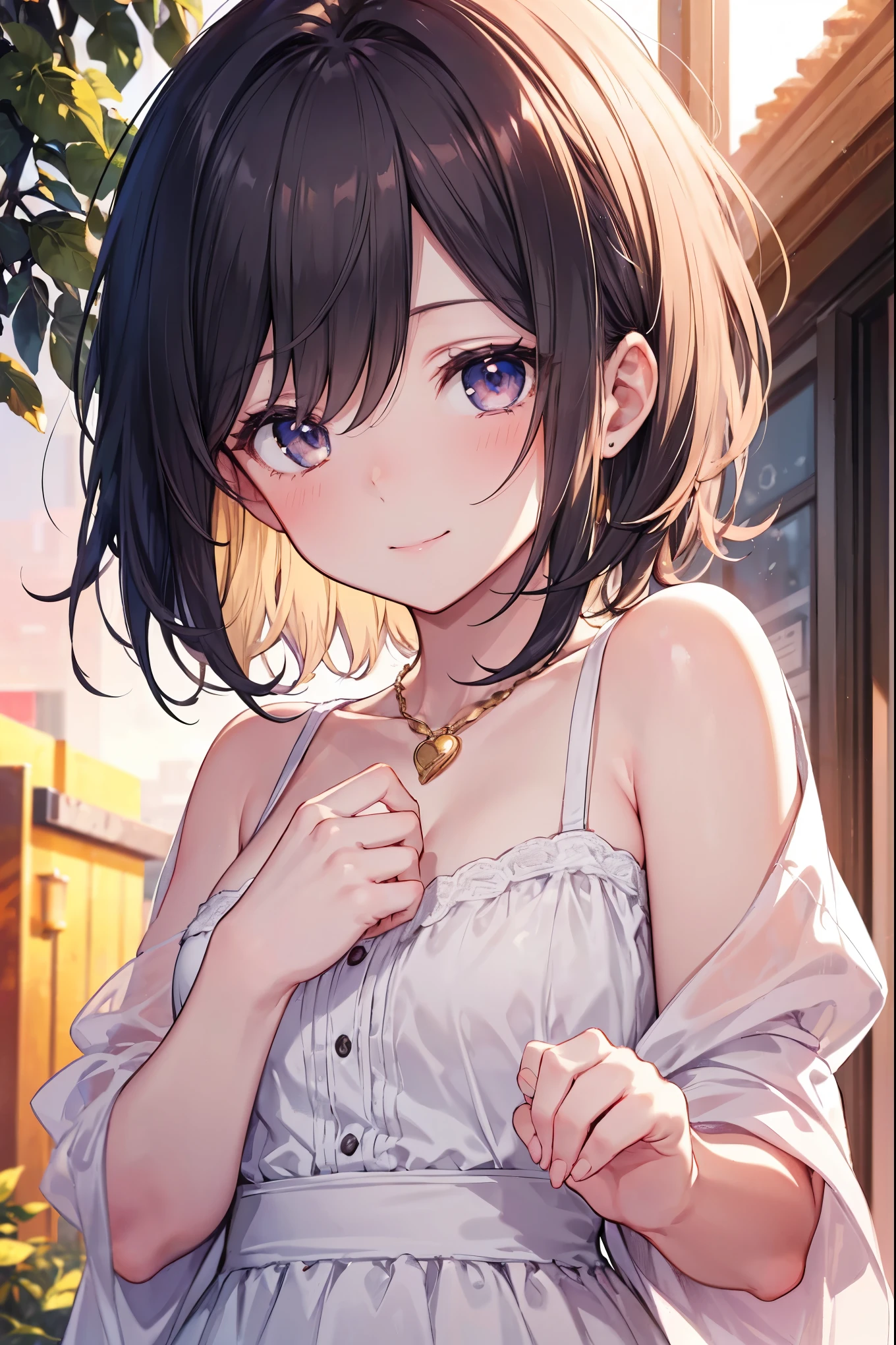 Highest quality, Detailed face, Detailed eyes, High resolution, One girl, Middle chest, smile, Simple Dress, (Charm, Puffy eyes:1.2), Excellent anatomy, View your viewers, Soft Focus, Golden Hour Lighting, Depth of written boundary, Happy expression, Short Hair, barefoot