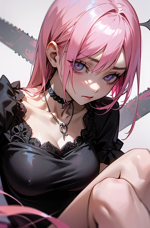 Cool women、sexy、Center of chest、Rize from Chainsaw Man、beauty、Yandere、、Face close-up、Chest tattoo、Christian Dior Necklace、、(Pink Hair).(Black lace dress)、(alone)、point the muzzle at the viewer、