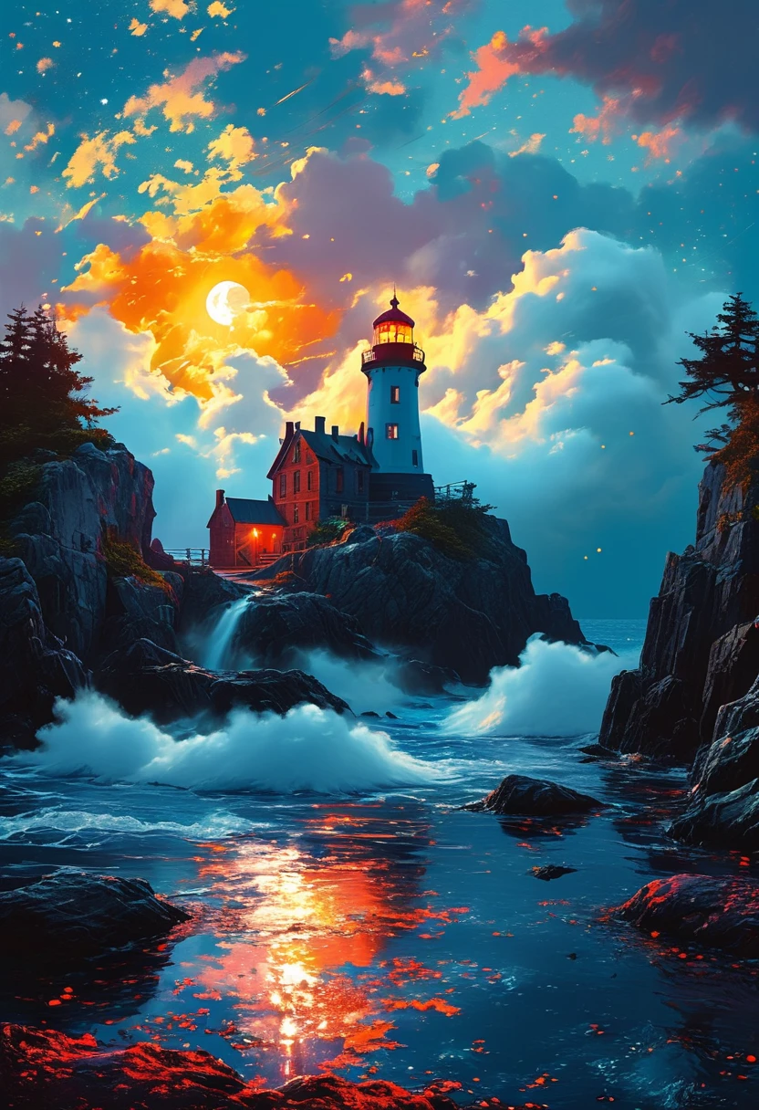 Under the eerie glow of a full moon, a dark and ominous landscape unfolds. A vibrant, colorful ship stands by the edge of a serene ocean, its vivid hues contrasting starkly with the foreboding atmosphere. In the background, a lighthouse stands atop jagged rocks, its light cutting through the darkness and reflecting off the ocean's surface, glistening in the moonlight. Thick, swirling clouds loom overhead, adding to the sense of an evil presence. The moonlight filters through the clouds, casting an otherworldly glow over the scene. A falling star streaks across the sky, adding a touch of mysticism to the night. The air is thick with a sense of ancient secrets and dark magic, as if the very night is alive with hidden power. [romantic impressionism,dream scenery art,beautiful oil matte painting,romantic,style of thomas kinkade,beautiful digital painting,anime landscape,romantic painting,dreamlike digital painting,colorful painting,beautiful gorgeous digital art,style of greg rutkowski,janek sedlar,jenny saville:0] 