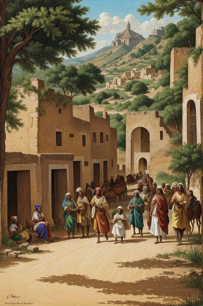"Une illustration symbolique de l'histoire d'Amina, mettant en avant sa beauté ensorcelante et la quête d'un village pour retrouver son équilibre perdu