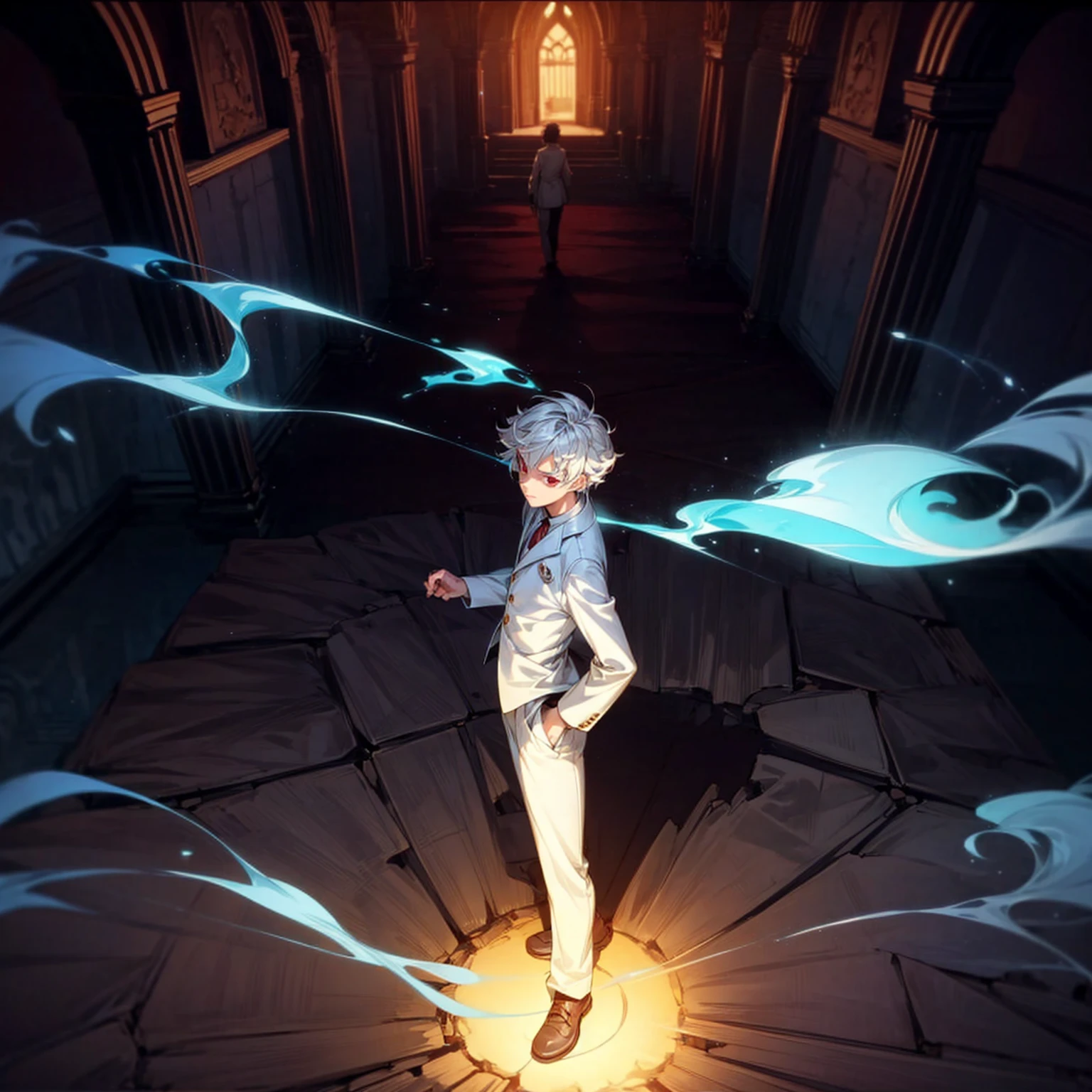 Solo, vampire, kidy, Full body version, light red eyes, wavy haircut, white color hair, suit style outfit, Grassroots, full background indoor room Castle, motion blur, lighting, (one piece style art), light fire on hand, light fire in hand, standing gesture, light fire blue, smoke effect, plasma effect, aura effect, evening, high angle view, ultra detailed