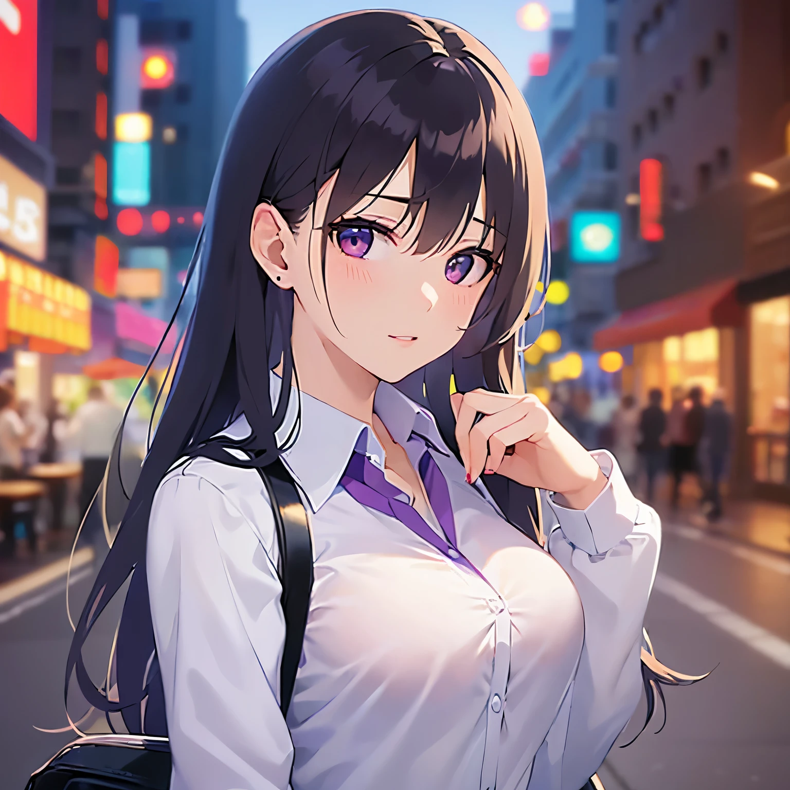 (looking at viewer:1.5),Side shot、(Hands are put together in front of the chest:1.5)、
Realistic, real person, (pale skin: 1.2), RAW photo, photorealistic, shiny skin, shiny hair、
(A 25-year-old woman with straight hair and bangs) and (medium hair) and (black hair) and (purple eyes) ,
(Wearing a business suit) and (Wearing a white collared shirt)、
Cleavage、blush,(tearful:1.2),The background is the city at night,(Night Sky:1.5)