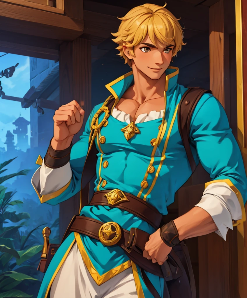  (((Single character image.)))  Solo focus.  1boy. Sexy male fantasy character. Nikolai is 22 years old, he has tanned skin, golden hair, shaved on one side and styled on the other, light brown eyes and slightly hooked nose, he has a beautiful face, outlined by the features of a fairy-tale pirate prince;. He is described as extremely charming, handsome and smiling;no shirt,, 
