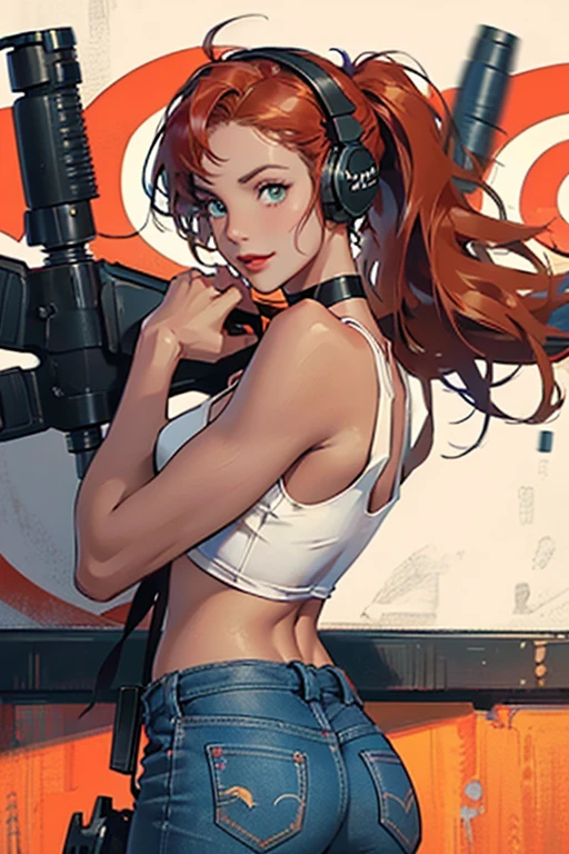 ((shooting gun)),((target practice, shooting range:1.4)).(sultry eyes, flirty smile:1.2).(ultra realistic illustration:1.3).Sexy 23yo French woman, dyed red hair, green eyes. fit, natural perky breasts, perfect round ass, (suntan). (bangs, long hair:0.8), red lipstick, ponytail, ((safety goggles, headphones)), choker, lace tank top, jeans, high heels. Masterpiece, best quality,(highly detailed:1.2),(detailed face and eyes:1.2), 8k wallpaper, depth of field, natural lighting. core shadows, high contrast, bokeh.(rule of thirds), cinematic, atmospheric, contrast, intricate,