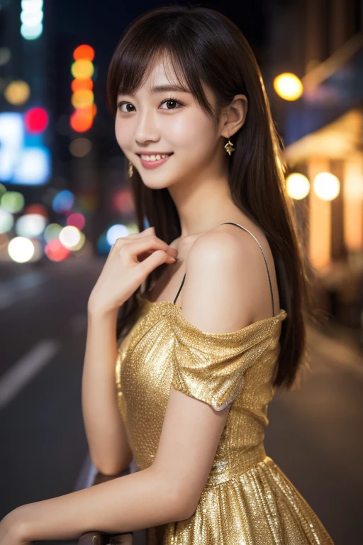 One Girl, ( Wearing a golden dress:1.2), (gem), (RAW Photos, Highest quality), (Sharp focus:1.2), (Realistic, Photorealistic:1.4), Tabletop, Very delicate and beautiful, Very detailed, 2k wallpaper, wonderful, In detail, Very detailed CG Unity 8K 壁紙, Very detailed, High resolution, Soft Light, Beautiful detailed girl, Very detailed目と顔, Beautifully detailed nose, Beautiful attention to detail, Cinema Lighting, City lights at night, Perfect Anatomy, Slender body, smile